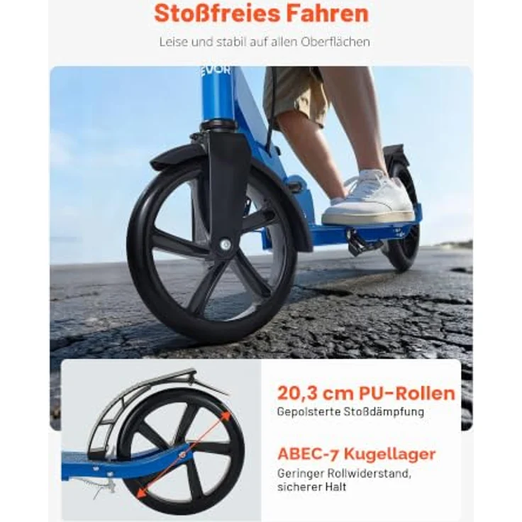 VEVOR Scooter 2-Räder, Faltbarer Kinderroller mit höhenverstellbarem Lenker (33,9-39,4 Zoll), rutschfestem Deck, Handbremse, bis 100 kg, Schwarz + Blau – Bild 3
