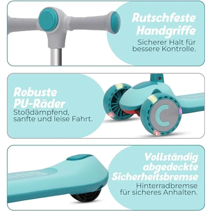Habib Gruppe Kinderroller 3-in-1 Dreirad mit Sitz, LED-Rädern, höhenverstellbar & faltbar, ideal für Jungen & Mädchen von 2-10 Jahren, grün – Bild 3