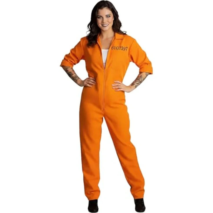 Maskworld Häftling Kostüm (L), einteiliger orangefarbener Overall mit Frontzipper und bedruckter Knastnummer – Bild 3