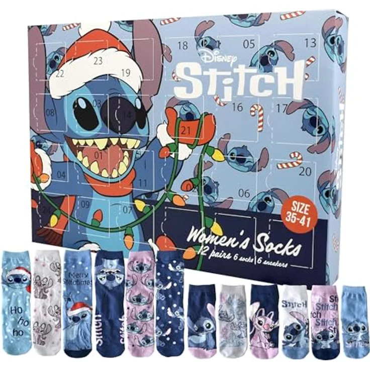 United Labels Disney Lilo & Stitch Adventskalender, 12 Paar Socken für Damen in Größe 35-41, mit Sneakersocken und langen Socken, offizielles Merchandise, Weihnachtsgeschenk
