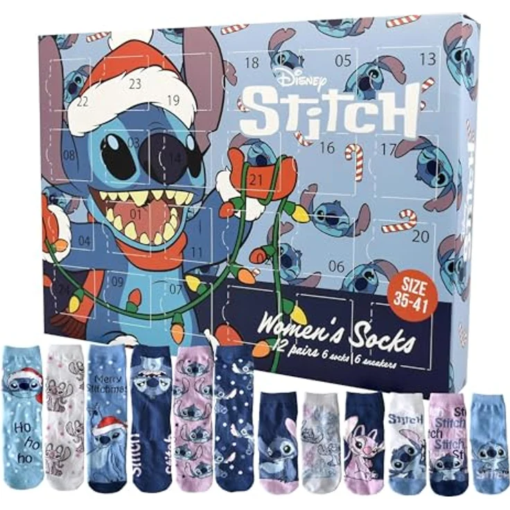 United Labels Disney Lilo & Stitch Adventskalender, 12 Paar Socken für Damen in Größe 35-41, mit Sneakersocken und langen Socken, offizielles Merchandise, Weihnachtsgeschenk – Bild 1