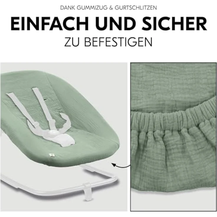 hauck Schonbezug für Babywippe Highchair Bouncer (Eco), Baumwolle mit Gummizug und Gurtschlitze für 5-Punkt-Gurt, waschbar bei 60°, sage – Bild 5