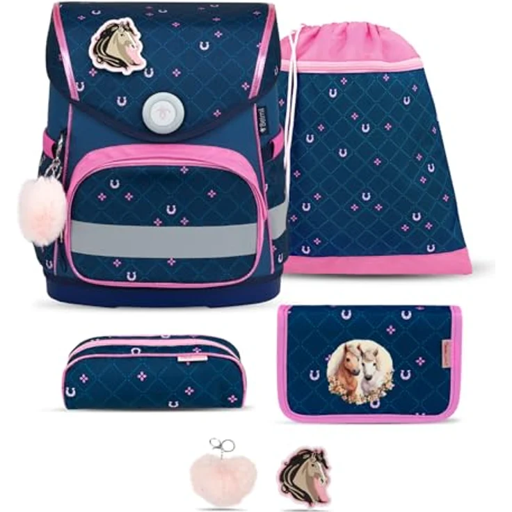 Belmil Compact mit Patches Schulranzen Set 5-teilig, 19 L Volumen, mit Brustgurt, für DIN A4, (405-41/AG/B/S) (Meet Your Horses) – Bild 1