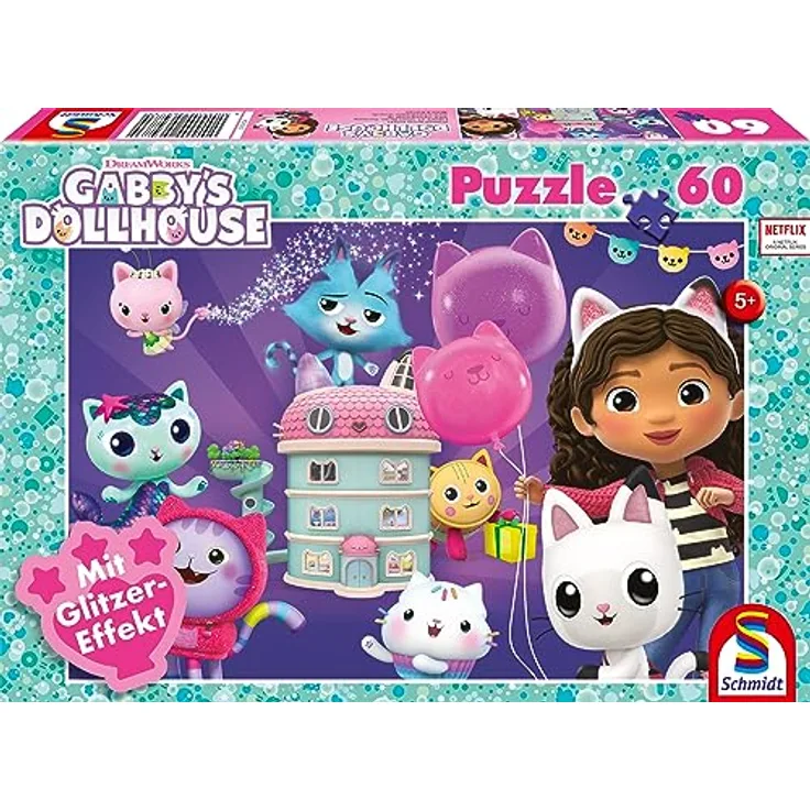 Schmidt Spiele 56473 Glitzerpuzzle, Geburtstagsfeier im Puppenhaus, 60 Teile Kinderpuzzle, bunt