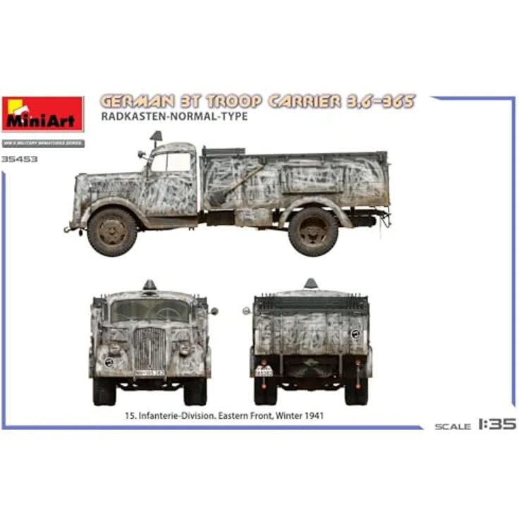 Mini Art Miniart 1:35 - German 3T Truck 3,6-36S Radkasten Normal Type, detaillierter Modellbausatz mit Truppenbänken für Wehrmacht-Transporter – Bild 4