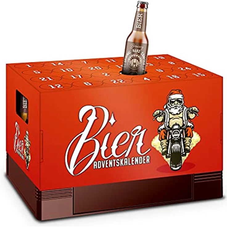 itenga Adventskalender Aufsatz für Bierkasten Männer Adventskalender zum Selber Befüllen Bieradventskalender rot mit Nikolaus auf dem Motorrad – Bild 5