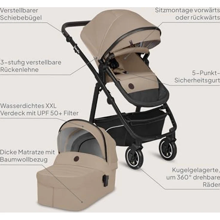 Lionelo Bianka 3-in-1 Kinderwagen, Beige Sand mit ADAC-zertifiziertem Kindersitz und doppelter Stoßdämpfung – Bild 12