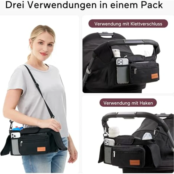 Momcozy Kinderwagen Organizer Universal mit Isolierten Getränkehaltern, Reißverschlusstasche und Schultergurt, Schwarz – Bild 3