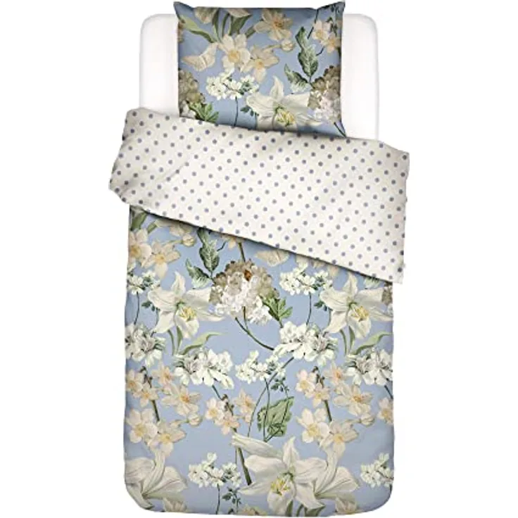 ESSENZA Bettwäsche Rosalee Iceblue Satin Blumen Blüten Lilien Hortensien Floral Eisblau Punkte Gepunktet, Größe:155 cm x 220 cm, Farbe:Iceblue