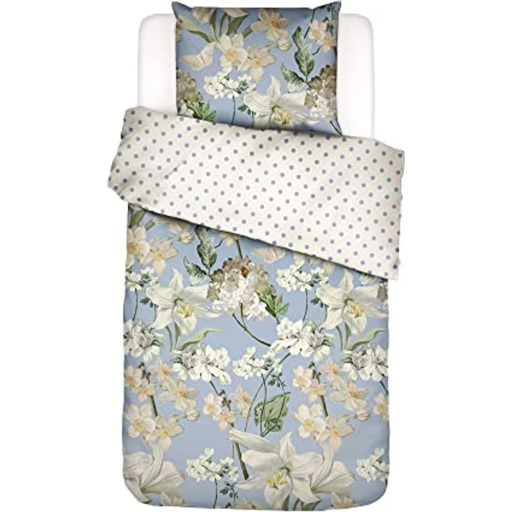 ESSENZA Bettwäsche Rosalee Iceblue Satin Blumen Blüten Lilien Hortensien Floral Eisblau Punkte Gepunktet, Größe:155 cm x 220 cm, Farbe:Iceblue – Bild 1