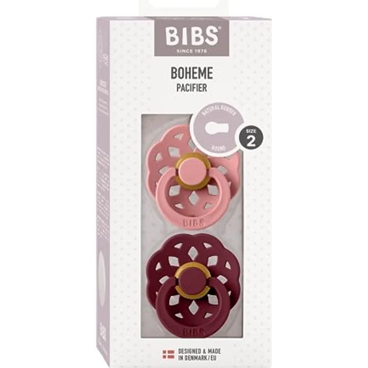 BIBS Boheme Schnuller 2er-Pack. BPA-frei, Kirschform Nippel. Naturkautschuk/Latex, Hergestellt in Dänemark, Größe 2 (6-18 Monate), Dusty Pink/Elderberry – Bild 3
