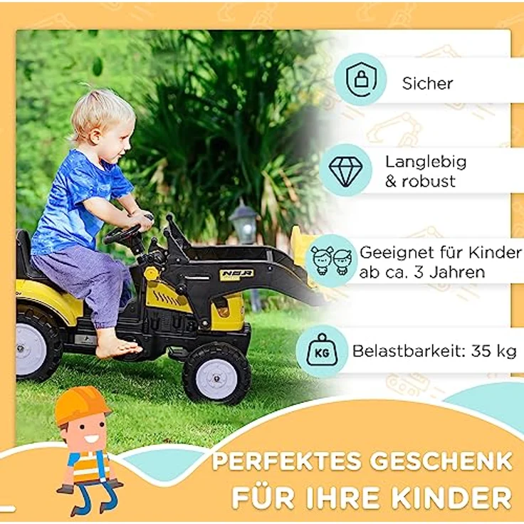 HOMCOM Trettraktor Sitzbagger, Aufsitzbagger mit Schaufel Rutscherfahrzeug, für 3-jährige Kinder, Schwarz/Gelb – Bild 6