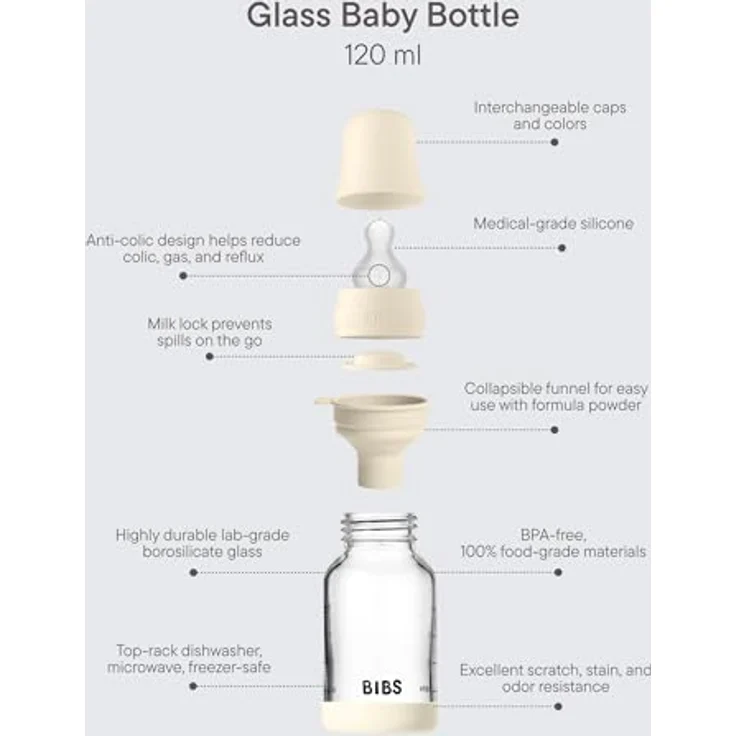 BIBS Baby Glasflasche 120ml, Vermindert Koliken, Runder Silikon-Sauger, BPA-frei, Hergestellt in Dänemark, Ivory – Bild 3