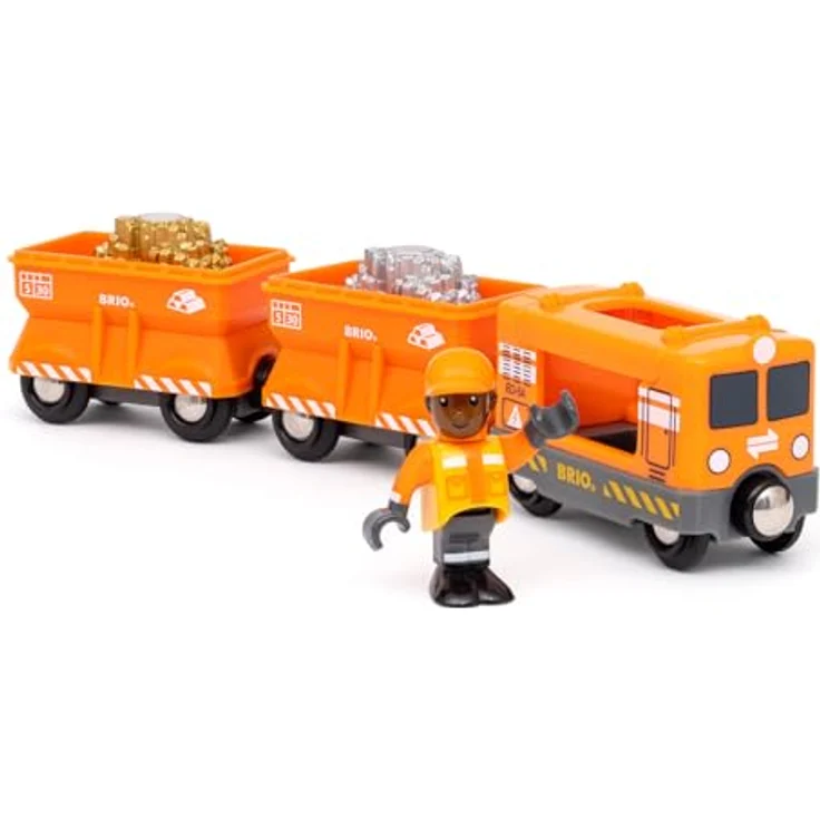 BRIO® Spielzeug-Eisenbahn BRIO® WORLD Güterzug Set, 6-tlg. mit leuchtend orangefarbener Lokomotive, FSC®-zertifiziert, inklusive Figur und Gold-/Silber-Ladungen – Bild 2