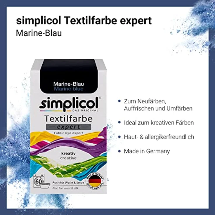 simplicol Textilfarbe expert Marine-Blau 1708 - Zum Umfärben und Auffrischen von Kleidung, Waschmaschinenfest, für Baumwolle, Wolle, Seide, Leinen, Viskose & Mischgewebe – Bild 3