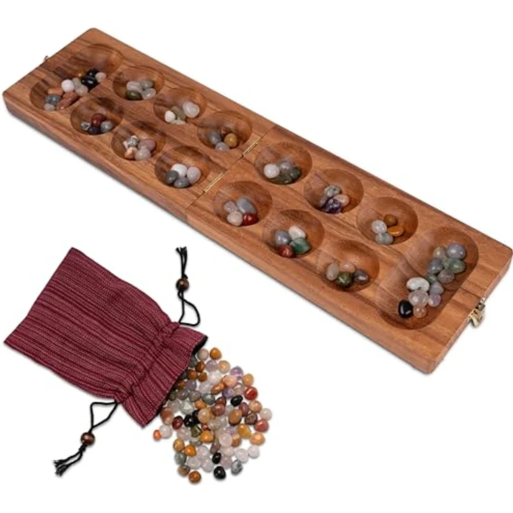 Logoplay Kalaha Spiel mit Metallverschluss Gold, kompakter 2-Spieler-Brettspiel mit 75 Edelsteinen, Spielfeld 14 x 49 cm aus Samena-Holz – Bild 4