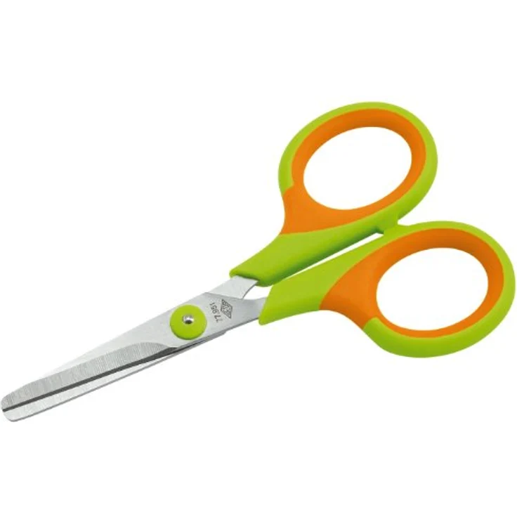 Wedo 77951 Kinderschere Soft-Kid für Linkshänder, 11,5 cm Länge, Softgriffe, abgerundete Blätter rostfrei, grün / orange