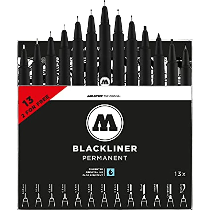 Molotow Blackliner Permanent Komplettset, 13-teilig in Schwarz mit verschiedenen Spitzentypen und Strichstärken für Handlettering und Kalligrafie – Bild 2