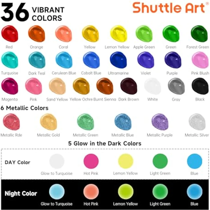 Shuttle Art Outdoor Acrylfarben Set, 36 wasserfeste Acrylfarben (je 60ml) mit nachtleuchtenden und Metallic-Effekten für Steine, Leinwand, Holz und Kürbis – Bild 3