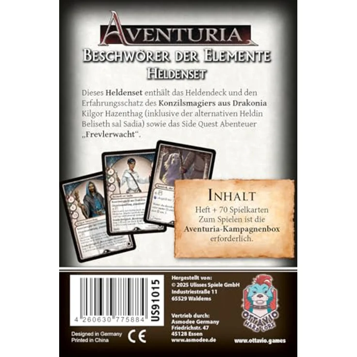 Ottavio Aventuria – Beschwörer der Elemente, Heldenset für 1-6 Spieler, strategisches Kennerspiel mit 70 Karten und Sidequest, Deutsch, 12+ Jahre – Bild 4