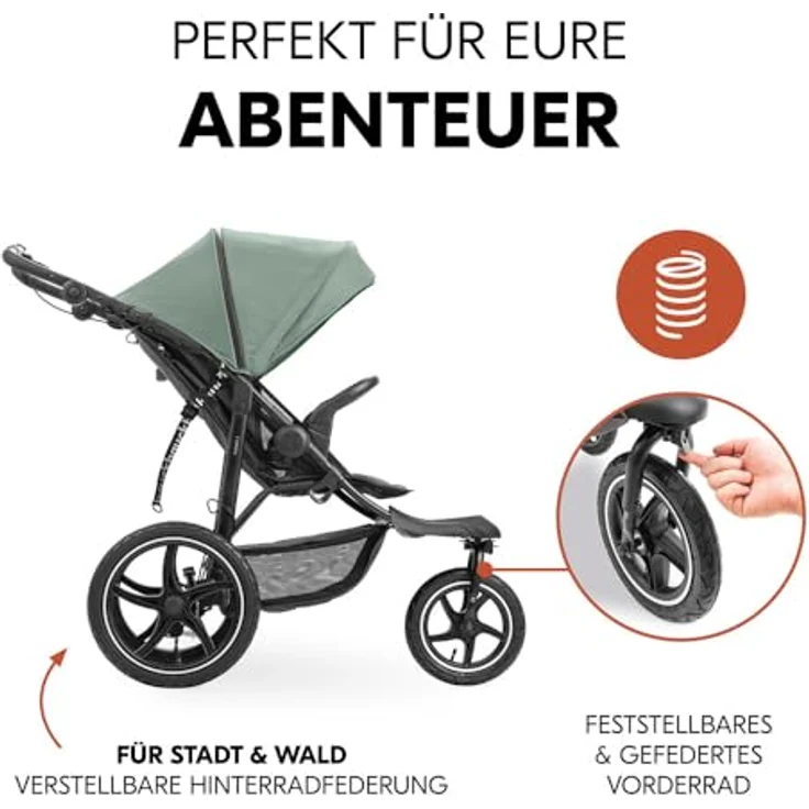 Hauck Kinderwagen Runner 3, Dreirad Buggy mit XL Lufträder, Federung, Handbremse, XL Sonnenverdeck (UPF 50+), Faltbar, Korb mit Deckel, Liegefunktion, Getränkehalter - Jungle Green – Bild 2