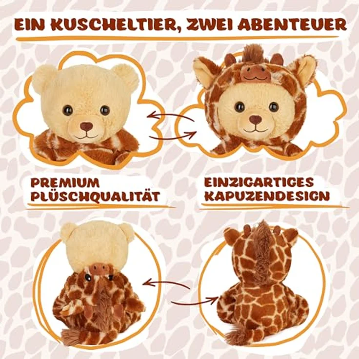 BRUBIES Teddy Giraffe, 25 cm Teddybär im Giraffenkostüm mit abnehmbarer Kapuze, plüschiges Kuscheltier für Kinder, ideal als Geschenk – Bild 3