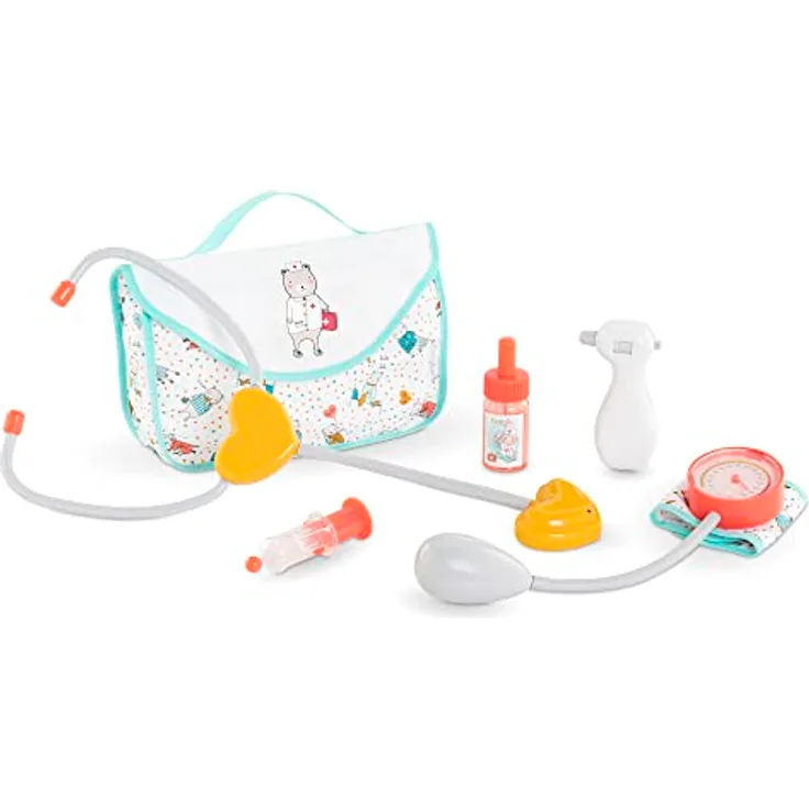 Corolle 9000110930 großes Doktorset, 6 Teile, Blutdruckmessgerät, Spritze, Stethoskop mit Funktion, für alle 30-42cm Puppen, ab 18 Monaten, Mehrfarbig