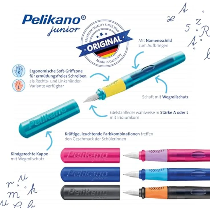 Pelikan Pelikano Junior RH A, Schreiblern-Füller in Türkis mit Edelstahlfeder und königsblauer Tintenpatrone in Faltschachtel – Bild 6