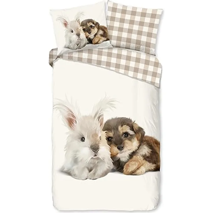 good morning Flanell Wende-Bettwäsche Biber Cute Hund & Hase 135 cm x 200 cm blau