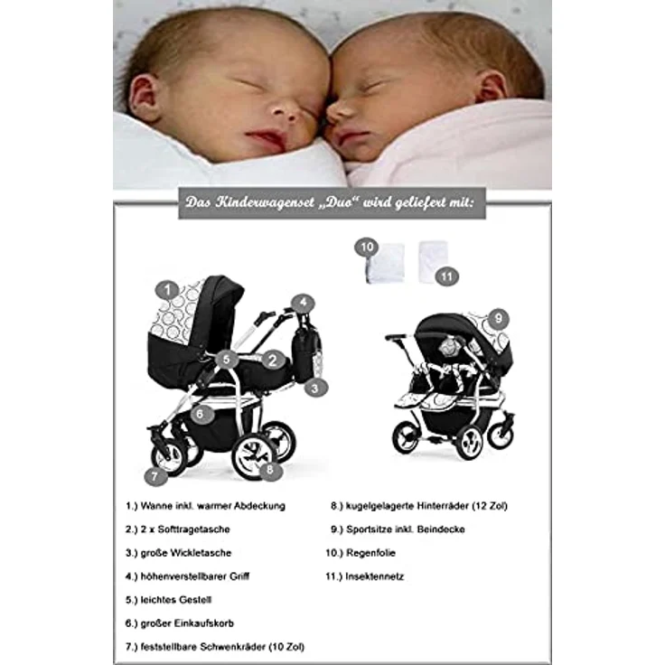 Elcar Zwillingskinderwagen 2 in 1 Duo Twin inkl. Sportsitze - 11 Teile - Federung und Luftbereifung, 20 Farben – Bild 4