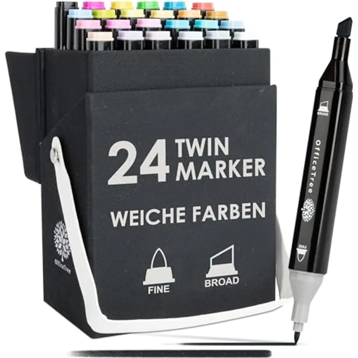 OfficeTree 24 Alkohol Marker - Weiche Farben - Twin Marker Set zum Zeichnen und Malen - Touch Marker Stifte auch als Manga Stifte