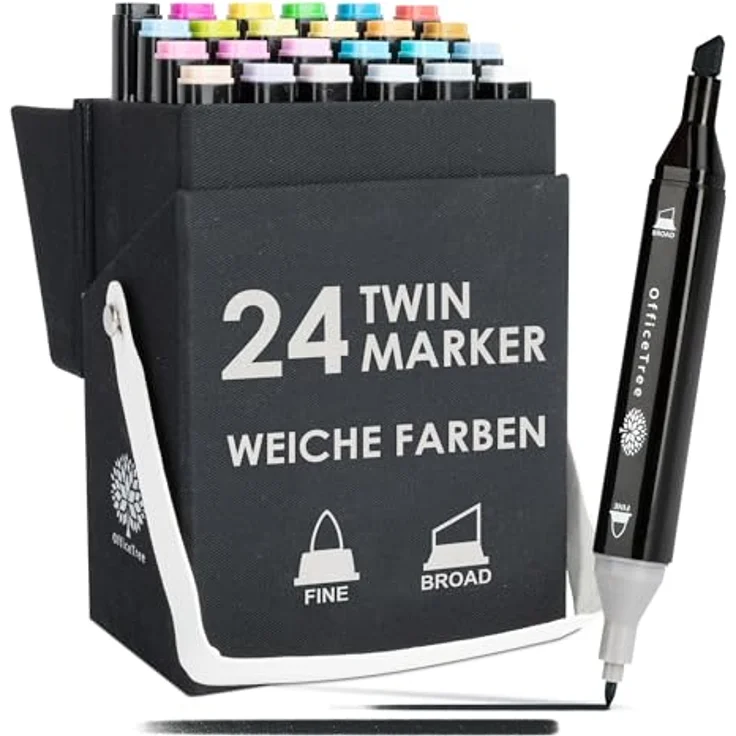 OfficeTree 24 Alkohol Marker - Weiche Farben - Twin Marker Set zum Zeichnen und Malen - Touch Marker Stifte auch als Manga Stifte – Bild 1