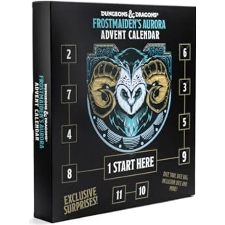 FanRoll Dungeons and Dragons Adventskalender Frostmaiden's Aurora, inklusive 12 D&D Zubehörteile, Würfeltablett und Mega-D20