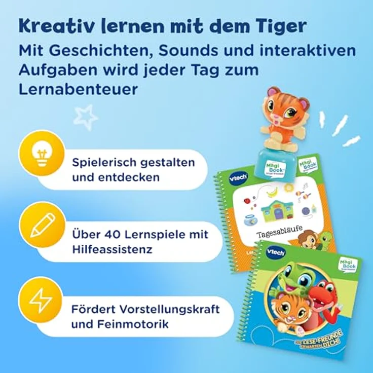 VTech Magibook Story'Friends, interaktives Lernspielbuch inkl. Tiger Minifigur und 32 Seiten Tagesabläufe, Deutsch – Bild 4