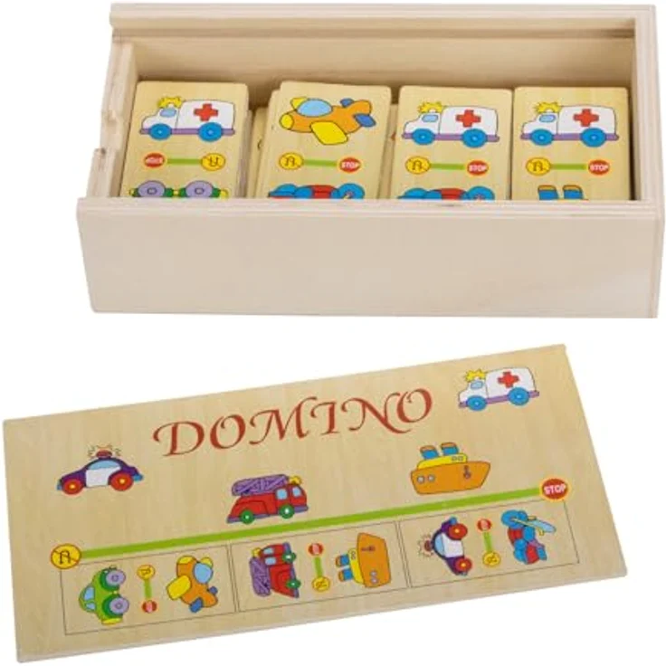 GICO Domino Spiel Fahrzeuge aus Holz, 28 stabile Steine in praktischer Holzbox für Kinder und Erwachsene, ideal für Zuhause und Reisen - 7968 – Bild 4