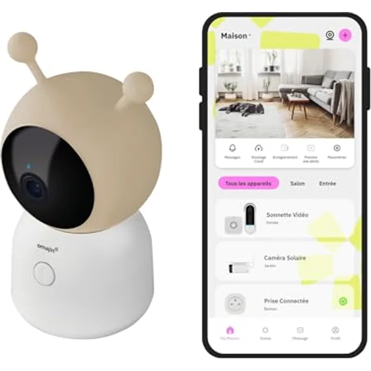 OMAJIN Smarte Babyphone-Kamera, 2K HD, Nachtsicht, Info bei Weinen, bidirektionales Audio, Schlaflieder u. -melodien, Nachtlicht, Feuchtigkeits- u. Temperatursensor, App-Steuerung, OBC-01