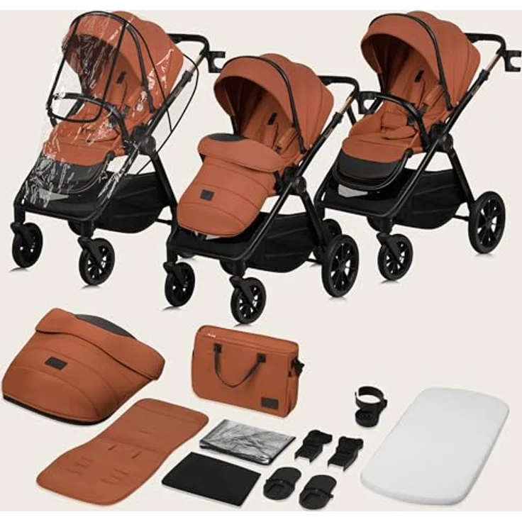 Lionelo LO-Layla 3in1 Kinderwagenset, Kombikinderwagen in Cognac, 3-teilig mit Babywanne, Babyschale und Sportwagenaufsatz, EN 1888, All-Terrain-Räder – Bild 9