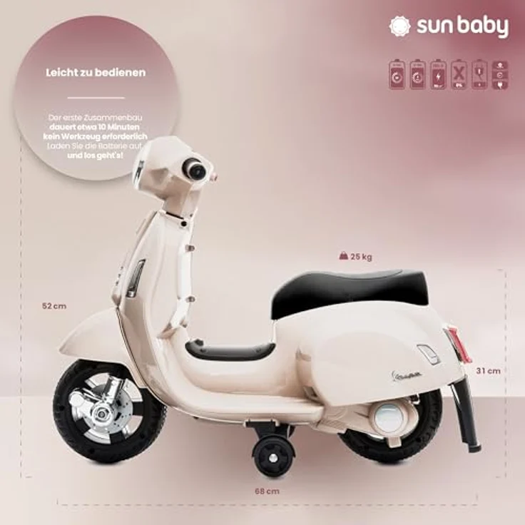 Sun Baby Vespa Kinderroller Elektroroller Kinder Elektrofahrzeug Kinderfahrzeug (Weiß) - Offiziell lizenzierter Vespa-Rutscher, max. Belastung 25 kg, EN71-zertifiziert – Bild 3
