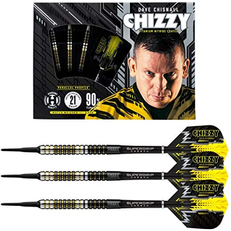 Harrows Soft Dave Chisnall Darts, 90% Tungsten Darts mit schwarzer Titannitridbeschichtung und Gelbgold-Akzenten, 20 Gramm