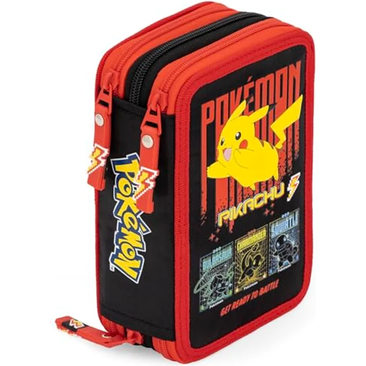 Clondo 3-Fach Federmäppchen für Jungen, gefüllt mit 46 Teilen, radierbaren Gelstiften und Buntstiften, ideal für Schule und Geschenk, blau Pokémon Design – Bild 1