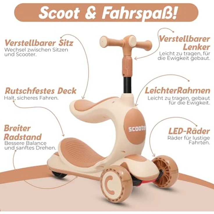 Habib Gruppe 3-in-1 Kinder Roller Dreirad mit Sitz & LED Rädern, höhenverstellbar & faltbar, Khaki, ideal für Kinder 2-10 Jahre, sicher & robust – Bild 4