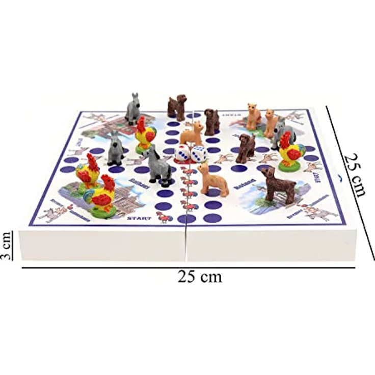 ELLUG Würfelspiel Bremen Stadtmusikanten, Brettspiel für 2-4 Personen, klappbares Holzbrett, 25x25cm, mit 16 Spielfiguren und 2 Würfeln – Bild 3
