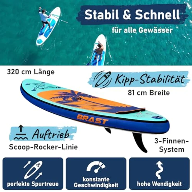 BRAST SUP Board Tropic, Aufblasbares Stand up Paddle Set, 320x81x15cm, 140kg Tragkraft, 6 Designs, 5 Jahre Garantie, inkl. Kajaksitz, 2in1 Paddel, Action-Cam-Halterung, Rucksack, Pumpe – Bild 2