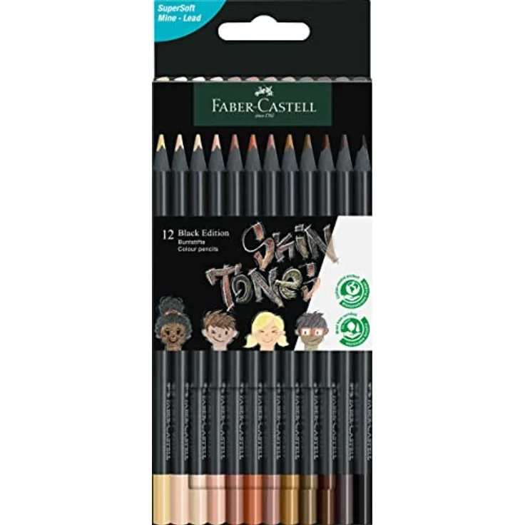 Faber-Castell 116414 - Buntstifte hautfarben Black Edition, 12er Kartonetui, bruchsicher, dreikant, Skin Tones