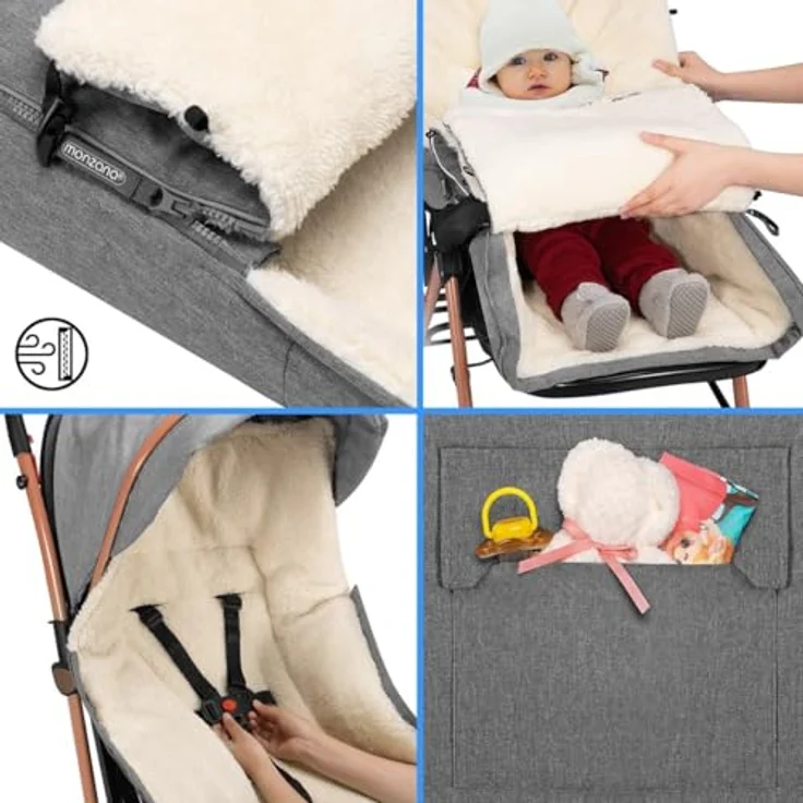 Monzana Babyfußsack Handwärmer Wetterfest Reflektoren-Streifen Reißverschluss abnehmbares Fußteil Waschbar Kinderwagen Winter Fußsack 90x60 cm – Bild 6
