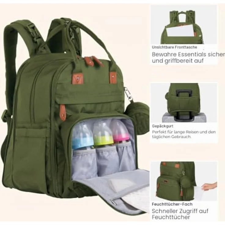 BabbleRoo Wickeltasche Rucksack, Wasserabweisend, 17 Taschen, große Kapazität (+50 %), mit Wickelauflage und Schnullerhalter, Reiserucksack für Mama & Papa – Bild 5