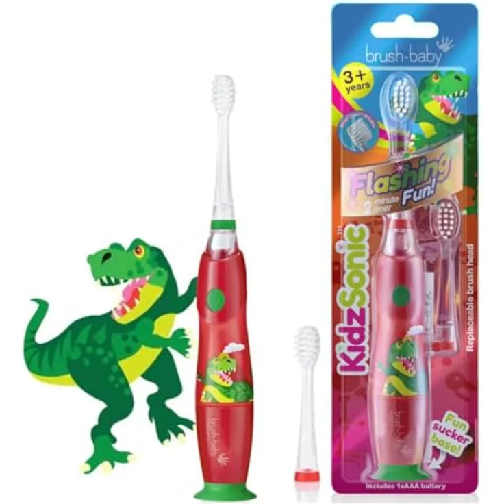 Brush-Baby KidzSonic Elektrische Zahnbürste für Kinder ab 3 Jahren, Dinosaurier-Design mit blinkenden Disco-Lichtern und sanften Schallvibrationen, IPX7 wasserdicht