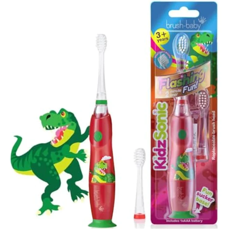 Brush-Baby KidzSonic Elektrische Zahnbürste für Kinder ab 3 Jahren, Dinosaurier-Design mit blinkenden Disco-Lichtern und sanften Schallvibrationen, IPX7 wasserdicht – Bild 1