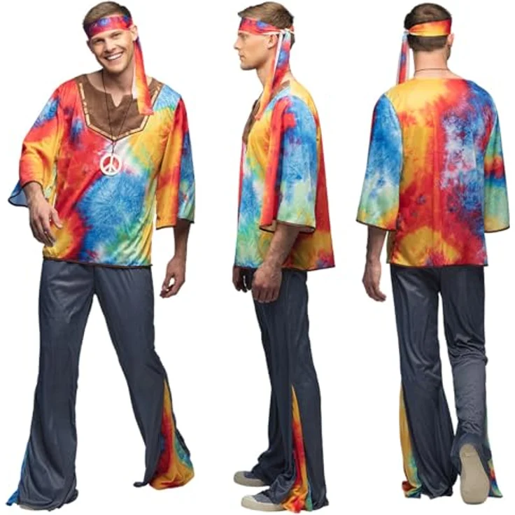 Boland Hippie Kostüm „Marley“, Verkleidung für Erwachsene mit Stirnband, Halskette und weiten Beinen, Größe 50/52, 70er Jahre Stil – Bild 2