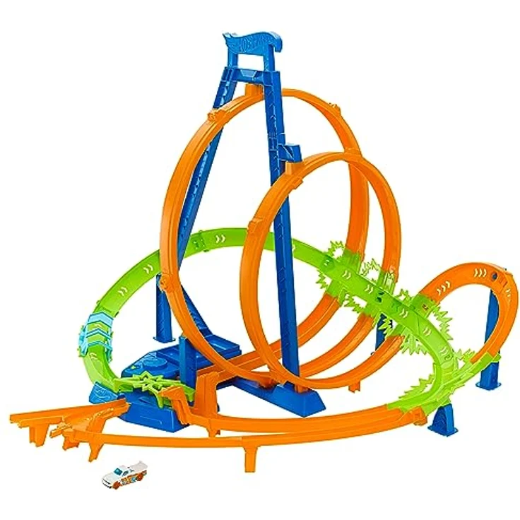 Hot Wheels Episches Crash-Rennen Trackset, 5 Crash-Zonen mit motorisiertem Beschleuniger und 1 Hot Wheels Auto im Maßstab 1:64, leicht zusammenklappbar, HTP55 – Bild 4
